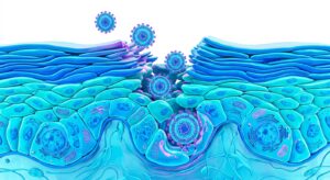 인유두종바이러스(HPV)의 구조와 피부 침투 기전을 설명하는 3D 의학 일러스트